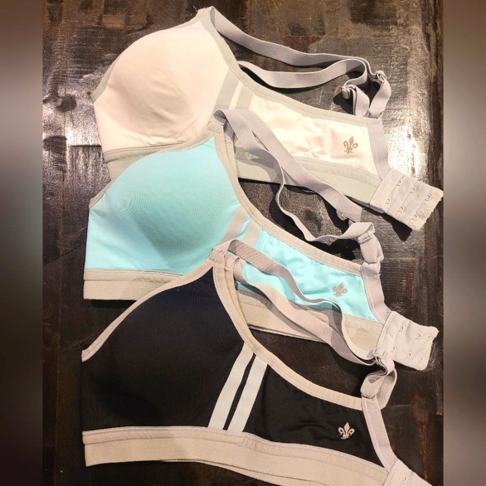 Lily of France Sports Bras (34A) in black, white, teal.